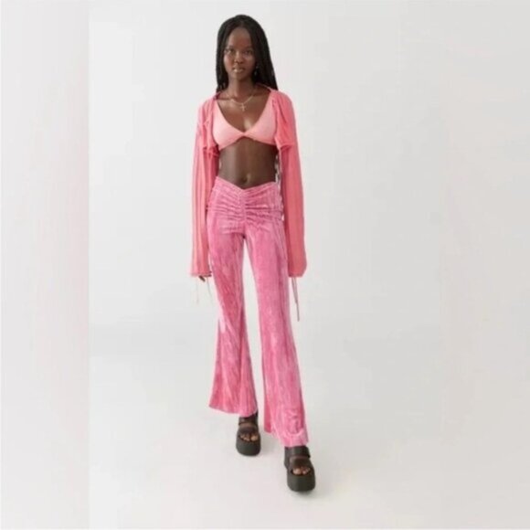 Urban Outfitters | Apolonia Flare Pants Hot Pink Rose Velvet Retro Cinched Large - Picture 4 of 7